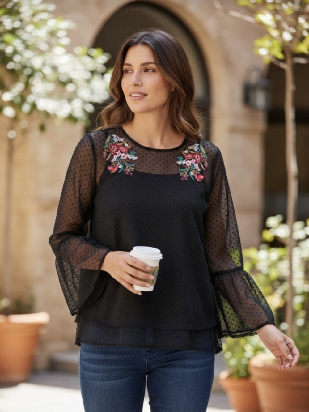 Maurices Black Sheer Dot Blouse with Floral Embroidery Size Large